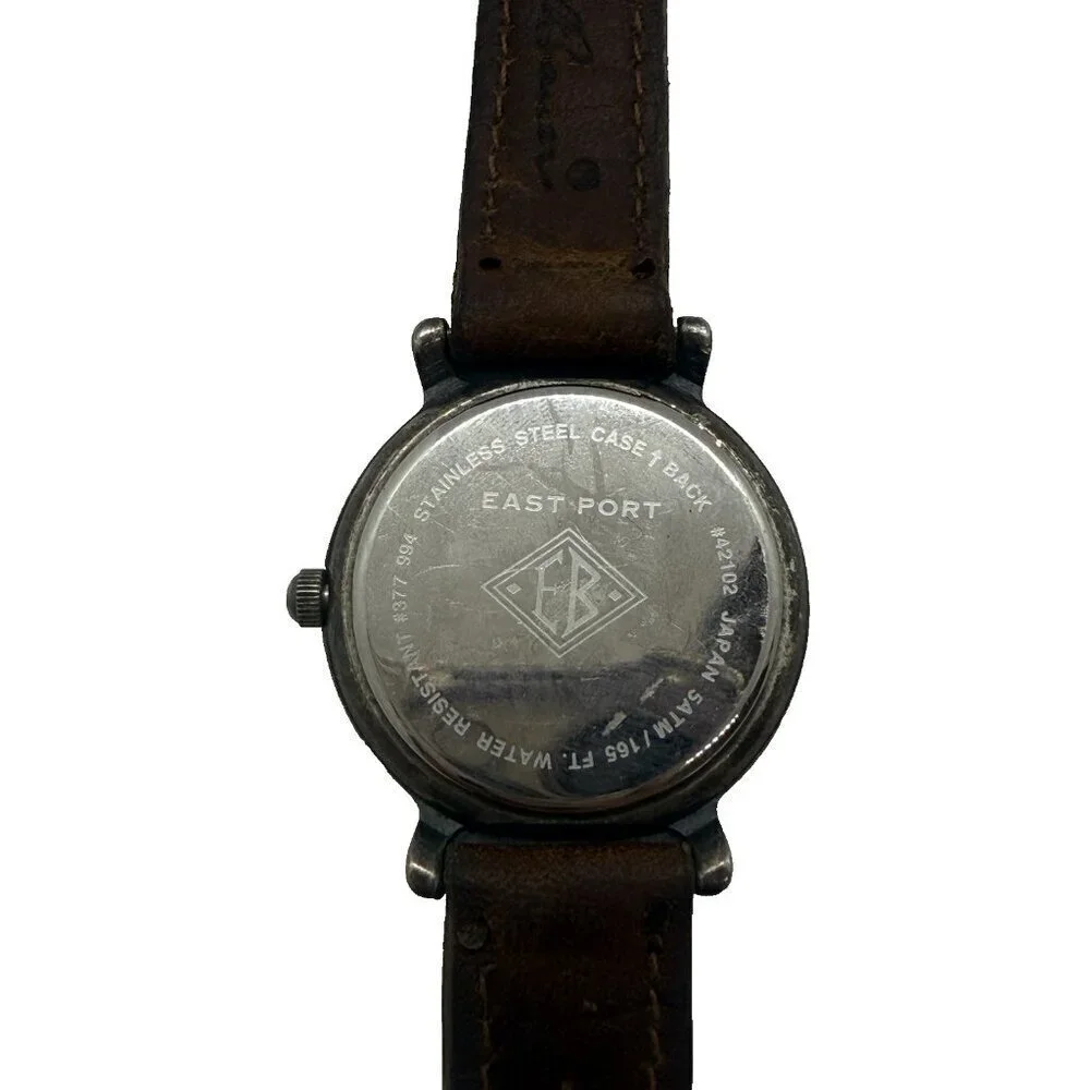 Vtg Eddie Bauer Bronze Silver Toned Date Watch 5ATM WR 42102 Brown Leather Band
